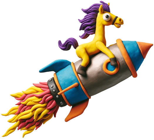 a horse with rockets strapped to its back. He looks concerned.