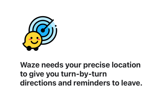 A prompt reading 'Waze needs access to your location to function properly. Please enable location services in your settings.'